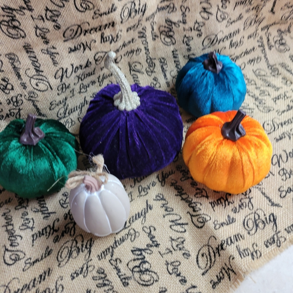 Lot of 5 fall pumpkins 1 is ceramic 4 velvet pumpkins different size - Picture 7 of 8